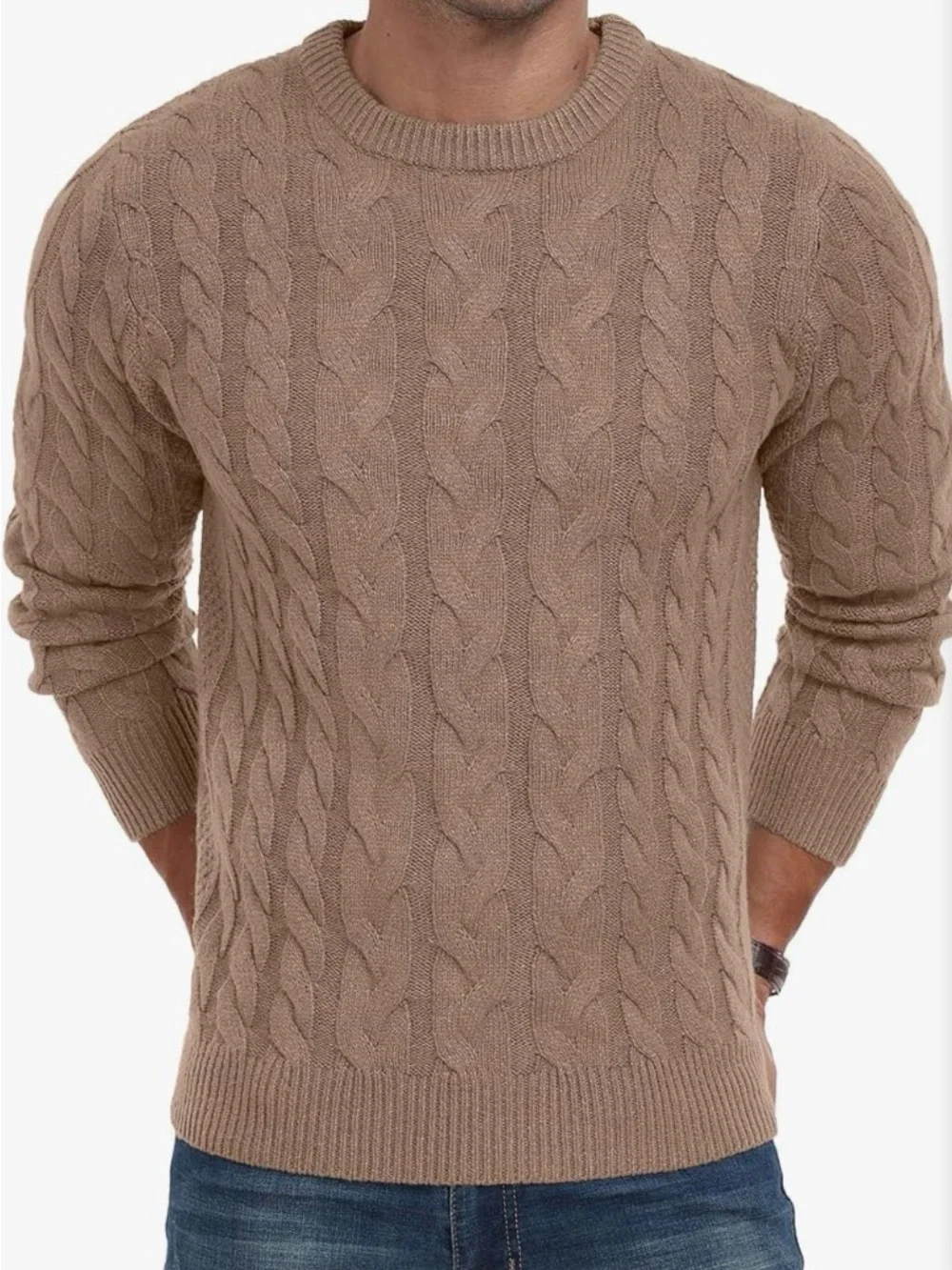 Men's Cable Knit Crewneck Sweater in Khaki
